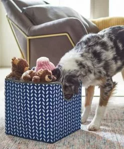 Frisco Square Collapsible Pet Toy Storage Bin, Navy Herringbone