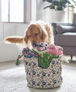 Frisco Round Collapsible Pet Toy Storage Bin, Tan Novelty Paws