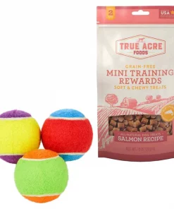 Frisco||True Acre Foods Frisco Fetch Squeaking Colorful Tennis Ball Dog Toy & True Acre Foods Salmon Recipe Mini-Training Rewards Grain-Free Soft & Chewy Dog Treats