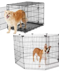 Frisco Heavy Duty Fold & Carry Double Door Collapsible Wire Dog Crate & Frisco Wire Dog Exercise Pen with Step-Through Door, Black