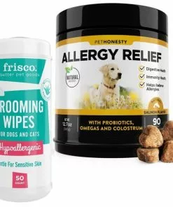 Frisco||PetHonesty Frisco Hypoallergenic Grooming Wipes with Organic Aloe for Dogs & Cats, Unscented & PetHonesty Allergy Relief Snacks Immunity Strength & Digestive Health Soft Chews Dog Supplement
