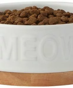 Frisco Round Meow Non-skid Ceramic Cat Bowl with Wood Base, 1.25 cups -Pet Food Gear Shop 256078 PT3. SY630 V1615313181