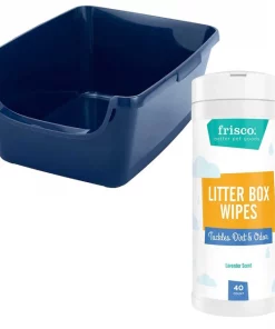Frisco High Sided Cat Litter Box, Navy, Extra Large 24-in + Frisco Litter Box Cleaning Wipes, 40 count