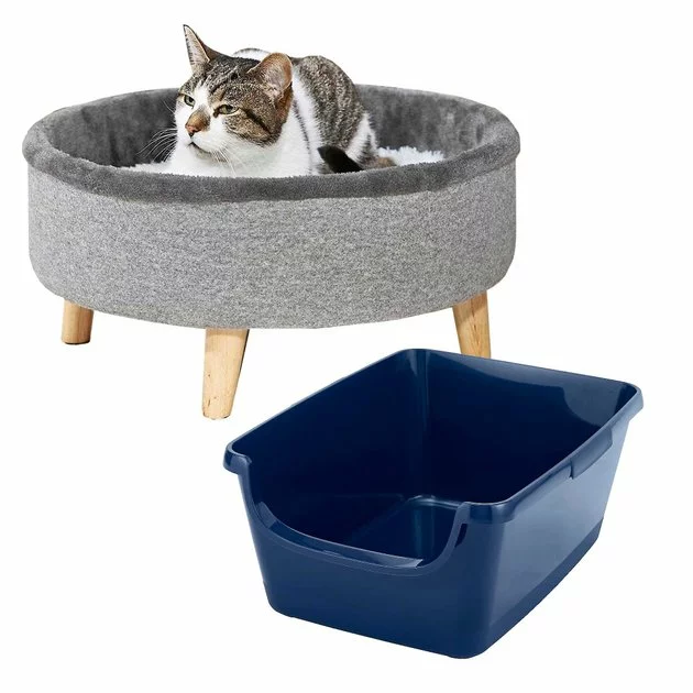 Frisco Modern Round Elevated Cat Bed + Frisco High Sided Cat Litter Box, Navy, Extra Large 24-in 3 Frisco Modern Round Elevated Cat Bed + Frisco High Sided Cat Litter Box, Navy, Extra Large 24-in