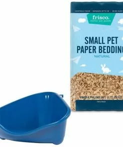 Frisco Corner Litter Box, Navy, Small + Small Animal Bedding, Natural