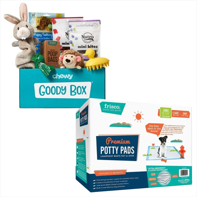 Goody Box||Frisco Goody Box Puppy Toys, Treats & Potty Training + Frisco Training & Potty Pads, 22 x 23-in 3 Goody Box||Frisco Goody Box Puppy Toys, Treats & Potty Training + Frisco Training & Potty Pads, 22 x 23-in