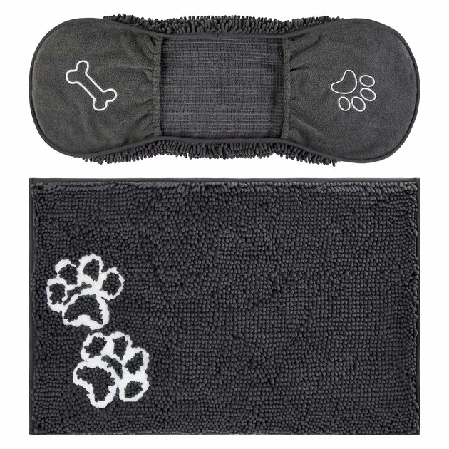 Frisco Microfiber Chenille Shammy Towel + Paw Print Mat, Gray, Large 3 Frisco Microfiber Chenille Shammy Towel + Paw Print Mat, Gray, Large