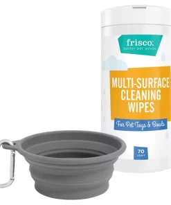 Frisco Silicone Collapsible Travel Bowl with Carabiner, Gray, 1.5 Cups + Pet Toy & Bowl Cleaning Wipes