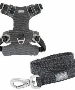 Frisco Outdoor Lightweight Ripstop Nylon Harness, Storm Gray, Small, Neck: 13 to 19-in, Girth: 16 to 22-in + Heathered Dog Leash, Midnight Black, SM - Length: 6-ft, Width: 5/8-in
